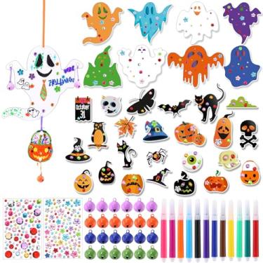 Imagem de Yalikop 30 conjuntos de kits de artesanato de sinos de vento de Halloween, faça você mesmo, fantasmas de madeira, vampiros, abóboras, pintura, enfeites para pendurar para decoração de doces ou