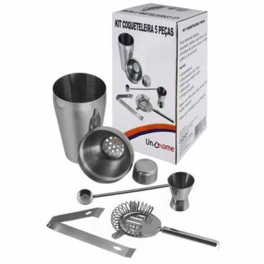 Imagem de Kit Coqueteleira Inox 5 Peças Descascador Dosador PInça e Misturador U