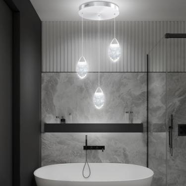 Imagem de WOSOHYUN Luminária pendente de LED regulável de 3 luzes para ilha de cozinha, lustre moderno de cristal com bolhas prateadas, luzes de teto suspensas reguláveis para sala de jantar