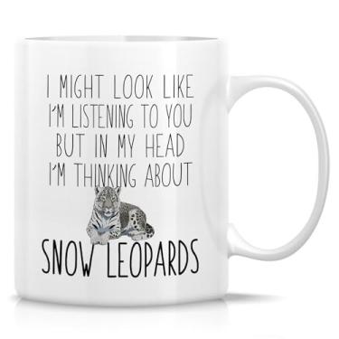 Imagem de Retreez Caneca divertida para amantes de leopardo de neve - I'm Thinking About Snow Leopard - Caneca de café ou chá de cerâmica de 325 ml - Presente para entusiastas da vida selvagem, fãs de gatos