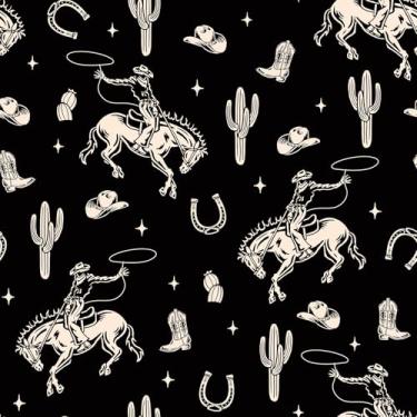 Imagem de Stickyart Papel de parede vintage caubói ocidental descasque e cole cacto ferradura estrelas cowboy rodeio papel de parede autoadesivo preto bege tema ocidental papel de contato removível para armário