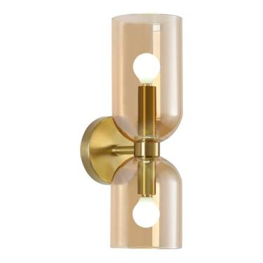 Imagem de Arandelas de parede de vidro modernas - Iluminação de parede de cabeça dupla com persianas de vidro longas e curtas - Luz de banheiro Lâmpada de parede com fio de meados do século para baixo para sala