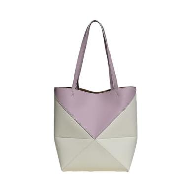 Imagem de Bolsa feminina de couro legítimo, bolsa de trabalho geométrica dobrável, bolsas de grande capacidade para viagens, Branco + roxo, One Size