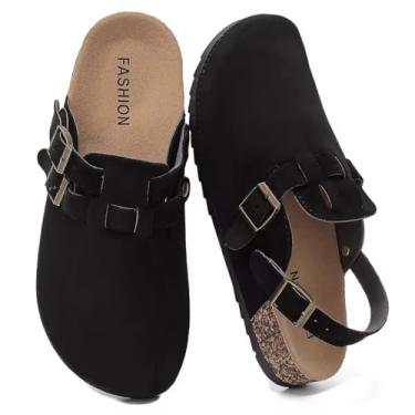 Imagem de DDXYYDS Tamancos masculinos de camurça com alça traseira, tamancos femininos de couro com suporte de arco palmilha de cortiça slip on bico fechado mules com fivela ajustável confortável sapatos batata