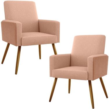 Imagem de Kit 02 Poltronas Decorativa Maria W01 Pés Palito Linho Rosê Couríssimo Camel - Lyam Decor