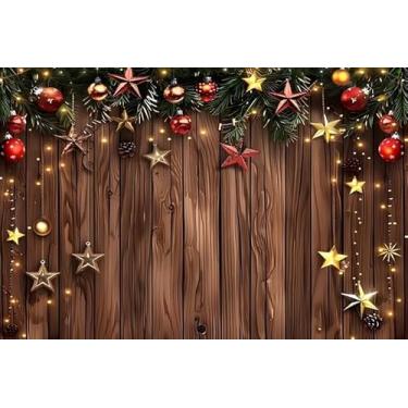 Imagem de ZJRBJB 3 x 2,4 m decoração de madeira marrom de Natal pano de fundo bola de Natal placa de madeira estrela dourada conto de fadas fundo das maravilhas inverno ano novo crianças festa de aniversário