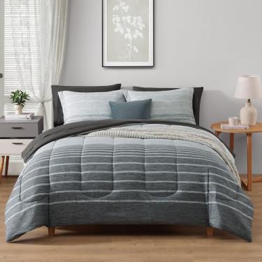 Imagem de Monbix Conjunto de edredom Queen – Conjunto de cama queen com listras cinza, conjunto de cama alternativo para todas as estações, com lençóis, fronhas e fronhas
