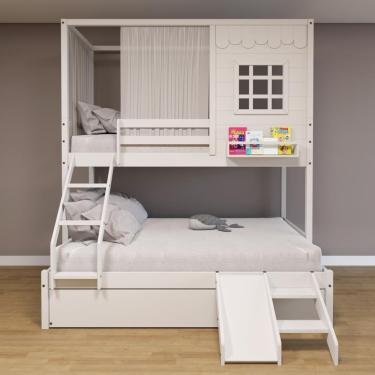 Imagem de Treliche Casinha Reta Casal- Solteiro Com Escorregador E Cortina Madeira Maciça Branco Housin