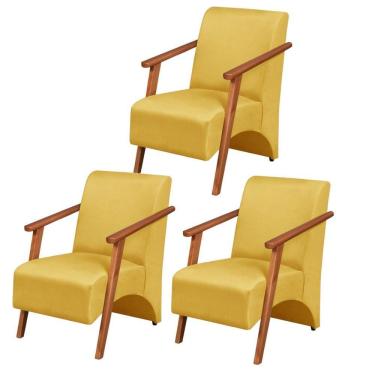 Imagem de Kit 3 Poltronas Venus 1 Lugar Braço Madeira Maciça Tecido Suede Amarelo