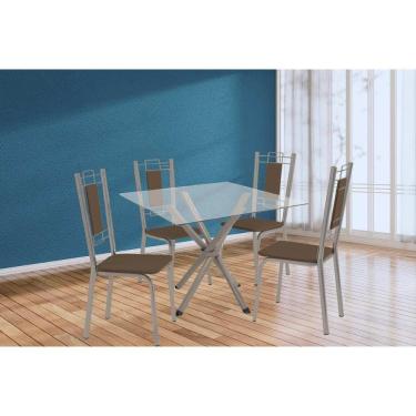 Imagem de Conjunto: Mesa Sala Jantar Volga C- Tampo De Vidro 90cm E 4 Cadeiras Florença Niquel - Courano Marrom - Kappesberg