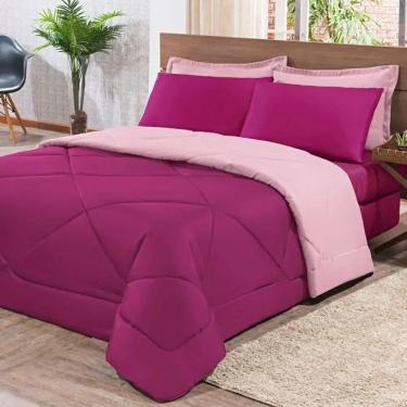 Imagem de Kit Edredom + Jogo De Lençol Aconchego Look House Dupla Face Casal King 06 Peças - Pink E Rosa