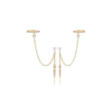 Imagem de MUMREUES Brincos de ouro para mulheres modernos banhados a ouro 14 quilates brincos de argola com clipe de pressão de zircônia simples minimalista brincos delicados corrente borla ilusão brincos