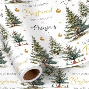 Imagem de RUSPEPA Rolo de papel de embrulho de Natal para namorado, mini rolo, To My Wonderful Boyfriend, design com árvores de Natal e bolas douradas, embrulho de presente branco de Natal para ele, homens, 43