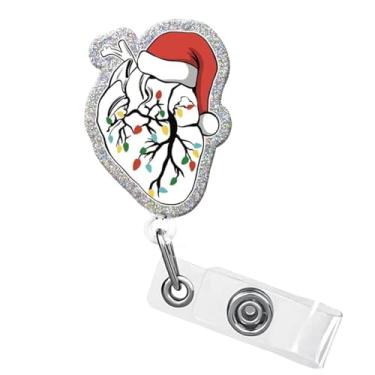 Imagem de Carretel de crachá de Natal retrátil de coração com folhas coloridas clipe de crachá de Natal com clipe jacaré e cordão de nylon durável de 61 cm para enfermeiras de enfermagem RN CNA LPN trabalhador