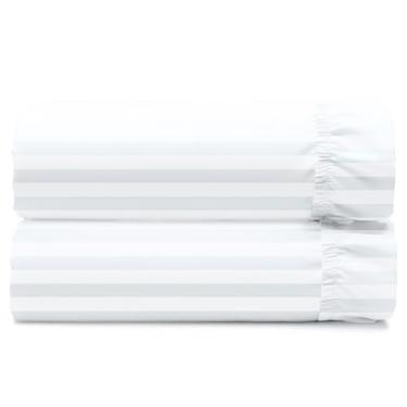 Imagem de California Design Den Pacote com 2 lençóis de solteiro - cetim macio 400 fios, natural 100% algodão, lençol com elástico que não sai, fresco e durável - branco listrado