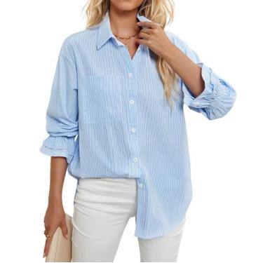 Imagem de Camisa feminina WHO IN SHOP listrada com botões azul e branca M