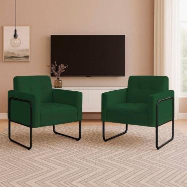 Imagem de Poltrona Sala Industrial Alta Tubo Preto Kit 2 Elisa Veludo Verde D03 - D`rossi