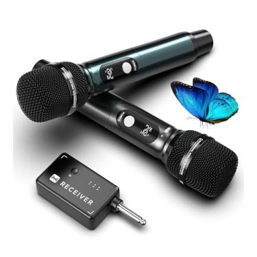 Imagem de Microfones sem fio, microfone profissional UHF duplo sem fio com alcance efetivo de 73 metros, taxa de transmissão de 3 ms, cabeça de microfone de captação de som de nível de estúdio, corpo de metal