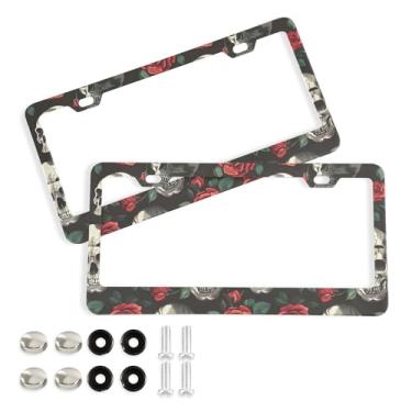 Imagem de SEHANY Molduras de placa de carro vintage rosa crânio, capas de alumínio à prova de ferrugem com furos elípticos e parafusos serve para veículos padrão dos EUA tamanho acessórios de carro para