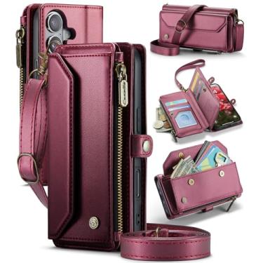 Imagem de GooodiDEAR Capa para iPhone 17, carteira transversal para iPhone 17, suporte com bloqueio de RFID, compartimentos para cartão de carregamento sem fio, bolsa de ombro de couro PU, alça ajustável, vinho