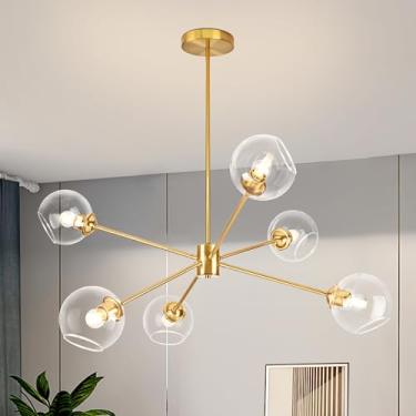 Imagem de KoKo&Yukina Lustre Sputnik de Globo de 6 Luzes Moderno Dourado Sputnik Lustre Pingente de Meados do Século Luz Acabamento Dourado com Globo Transparente Lustres de Abajur de Vidro para Sala de Jantar