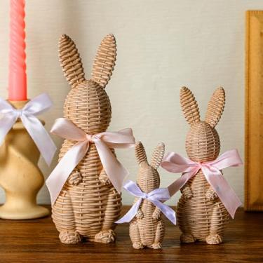 Imagem de Cinnvoice 3 Pcs Easter Bunny Decor Rattan Effect Resin Easter Bunny Garden Statue with Bow for Spring Table Centerpieces Indoor Outdoor Patio Yard Farmhouse Decorations