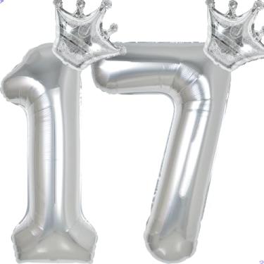 Imagem de 17 balões com números de 101,6 cm prata para decorações de aniversário de 17 anos para meninas e meninos, balões gigantes jumbo de 17 anos de Mylar