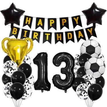 Imagem de 28 balões pretos de futebol de 13 anos. Decoração de futebol de 13 anos, 13 anos, troféu de futebol, 13 balões, ouro preto, tema esportivo, decoração de festa para crianças, meninos, decoração de