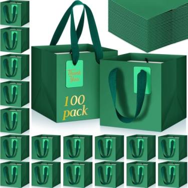 Imagem de Windyun 100 mini sacos de presente de papel com alça 15 x 15 x 15 cm quadrada pequena bolsa de lembrancinha com etiqueta de agradecimento faça você mesmo para Natal, aniversário, casamento, chá de