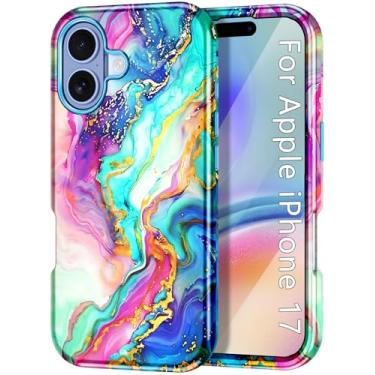 Imagem de Btscase Capa compatível com iPhone 17 de 6,3 polegadas 2025, padrão de mármore 3 em 1, resistente, à prova de choque, de corpo inteiro, PC rígido + silicone macio, capas de telefone femininas e
