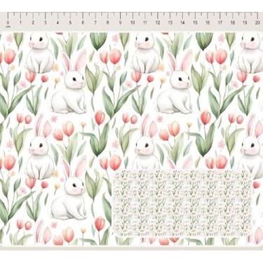 Imagem de Tecido Tricoline Digital Coleção Páscoa Florida coelhos com tulipas fundo claro 50 x 150 cm