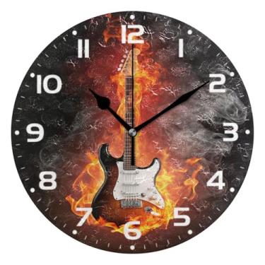 Imagem de JUZIHAI Relógio de parede para guitarra elétrica em chamas de fogo, silencioso, redondo, sem tique-taque, operado por bateria, fácil de ler, relógio decorativo de parede para casa, cozinha, sala de