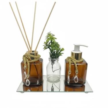 Imagem de Kit Completo Lavabo e Banheiro 200ml – Aromatizador e Saboneteira PET com Bandeja Espelhada e Vaso Decorativo(Simples, Branco c/Dourado)