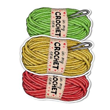 Imagem de 3 adesivos em My Crochet Era, adesivo de novelo de fio fofo, adesivos engraçados com citações de crochê, presente para amantes de crochê, adesivos cortados à prova d'água para laptop, garrafa de água