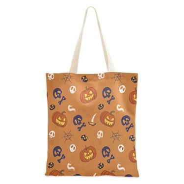 Imagem de JUZIHAI Sacola de lona de Halloween, bolsa temática reutilizável de abóbora Halloween Boo com bolso interno, bolsa de viagem de grande capacidade para festa de compras