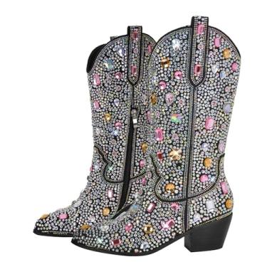 Imagem de Richealnana Botas femininas estilo caubói com strass cintilante, cano alto, 5 cm, com abas de puxar, Pedra preta, 37