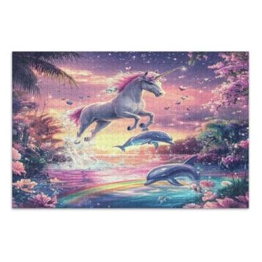 Imagem de Quebra-cabeça unicórnio golfinhos rosa 1000 peças, quebra-cabeças exclusivos, jogos para adultos e família