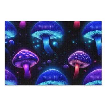 Imagem de Quebra-cabeça adulto 1000 peças luminoso cogumelos azuis pretos família quebra-cabeça amantes presentes diversão família quebra-cabeça pintura de belas artes, 75 x 40 centímetros