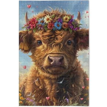 Imagem de Quebra-cabeça fofo de flores de vaca Highland 500 peças presentes para adultos jogo de elefante branco presentes masculinos pintura animal personalizada exclusiva, 52 cm x 37,8 cm