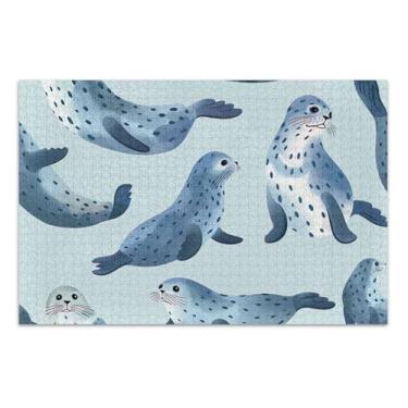 Imagem de Quebra-cabeça 1000 peças decoração de pintura animal adulto personalizado difícil quebra-cabeça selo azul impressão oceano família elefante branco presentes, 75 x 40 centímetros