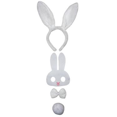 Imagem de Petitebella Máscara de tiara de coelho, gravata borboleta, cauda, 4 peças, fantasia infantil 1-5 anos (branca, tamanho único)