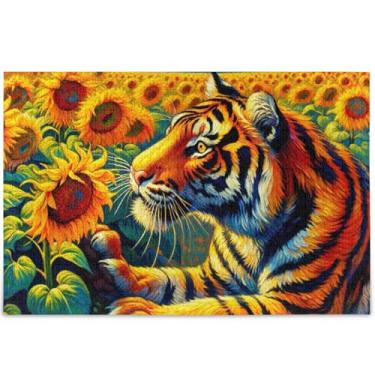 Imagem de Quebra-cabeça floral tigre girassóis para adultos 1000 peças arte floral animal presentes masculinos únicos personalizados engraçados jogos de quebra-cabeça, 75 x 50 cm