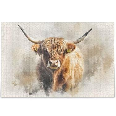 Imagem de Highland Cow Painting Quebra-cabeça adulto 500 peças presentes para jogo de elefante branco personalizado exclusivo quebra-cabeça família brinquedo artístico, 52 cm x 37,8 cm