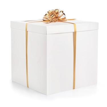 Imagem de Kolldenn Caixa de presente extra grande com tampa 50 x 50 x 50 cm, caixa de presente gigante branca para revelar grandes presentes com laços e fitas para aniversário, comemorações especiais