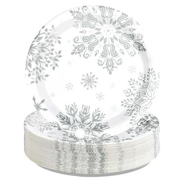 Imagem de Greencian 50 peças de artigos de festa de floco de neve de Natal, 25,4 cm, grande, brilhante, para inverno, floco de neve, pratos descartáveis para decoração de festa de aniversário com tema do país