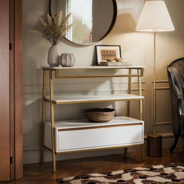 Imagem de Aparador Industrial Hall de Entrada 1 Gaveta Thor Branco Cedro com Dourado - Rede Móveis