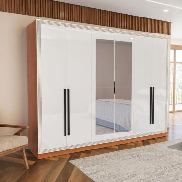 Imagem de Guarda Roupa Roupeiro 6 portas 4 gavetas com Espelho Valência Freijó Branco Politorno Móveis