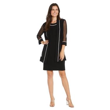 Imagem de R&M Richards Conjunto de vestido feminino de 2 peças na altura do joelho com jaqueta transparente com manga 3/4 enfeitada - roupa formal para coquetéis, Preto, 54
