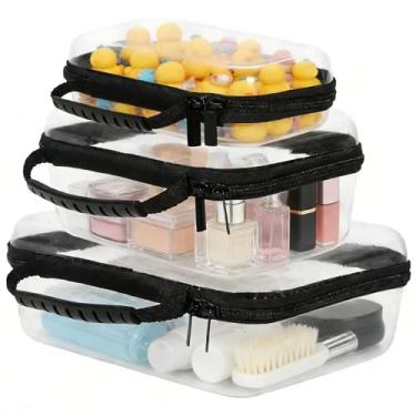 Imagem de 3 peças, capa rígida transparente com zíper, bolsa rígida transparente com zíper, caixas organizadoras de viagem à prova d'água, bolsa de higiene pessoal resistente à água, caixa de armazenamento de