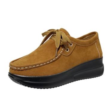 Imagem de Sapato feminino fashion casual primavera e mocassins cor sólida bico redondo cadarço slip-on sola grossa salto plataforma sapatos, Amarelo, 38